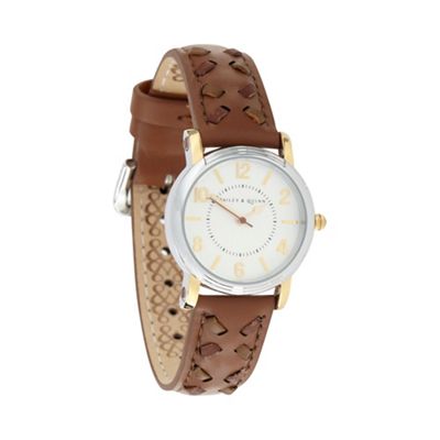 Ladies brown stab stitched leather strap watch